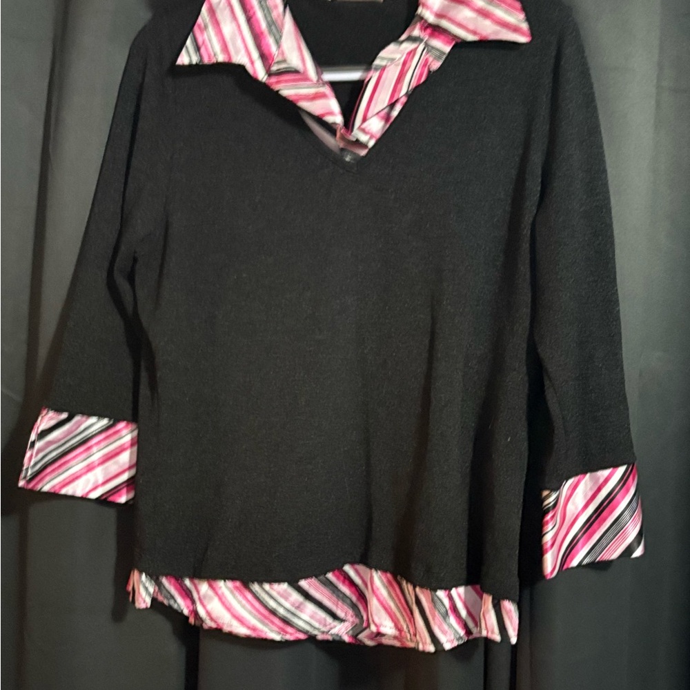 AGB Black Blouse with Pink Striped Accents